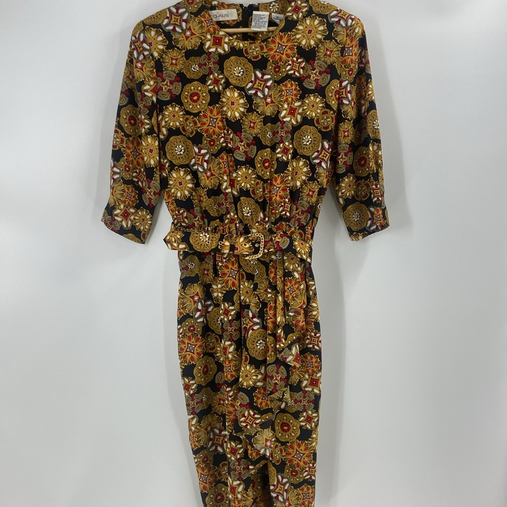 Ms Chaus Vintage statement print midi dress career faux wrap asymmetrical